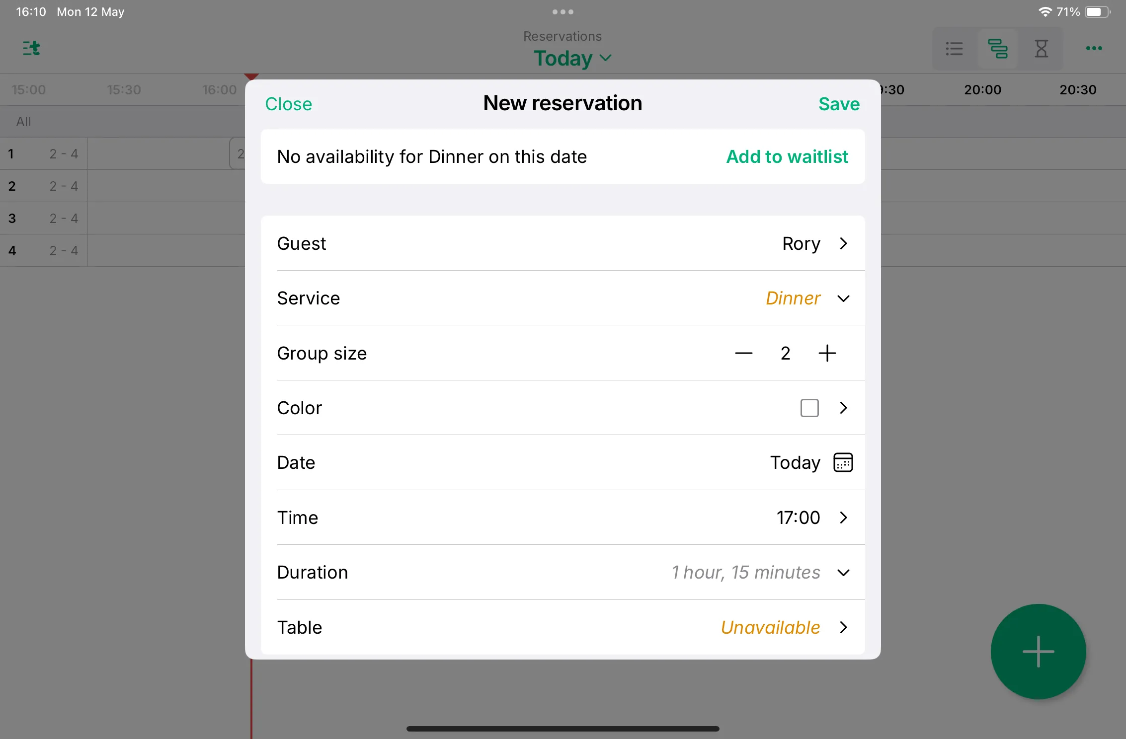 Adding a guest to the waitlist