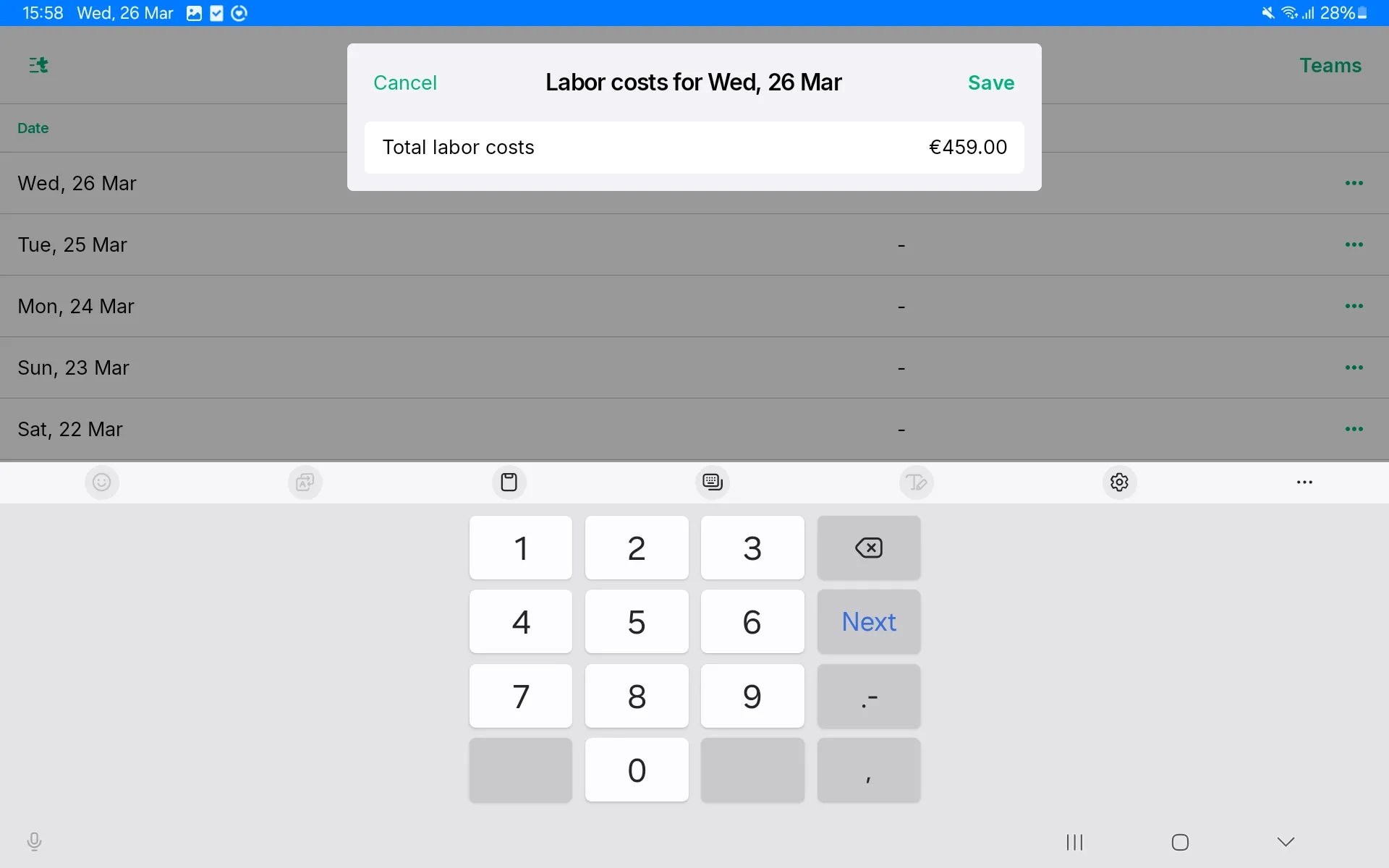 Adding labor costs in app